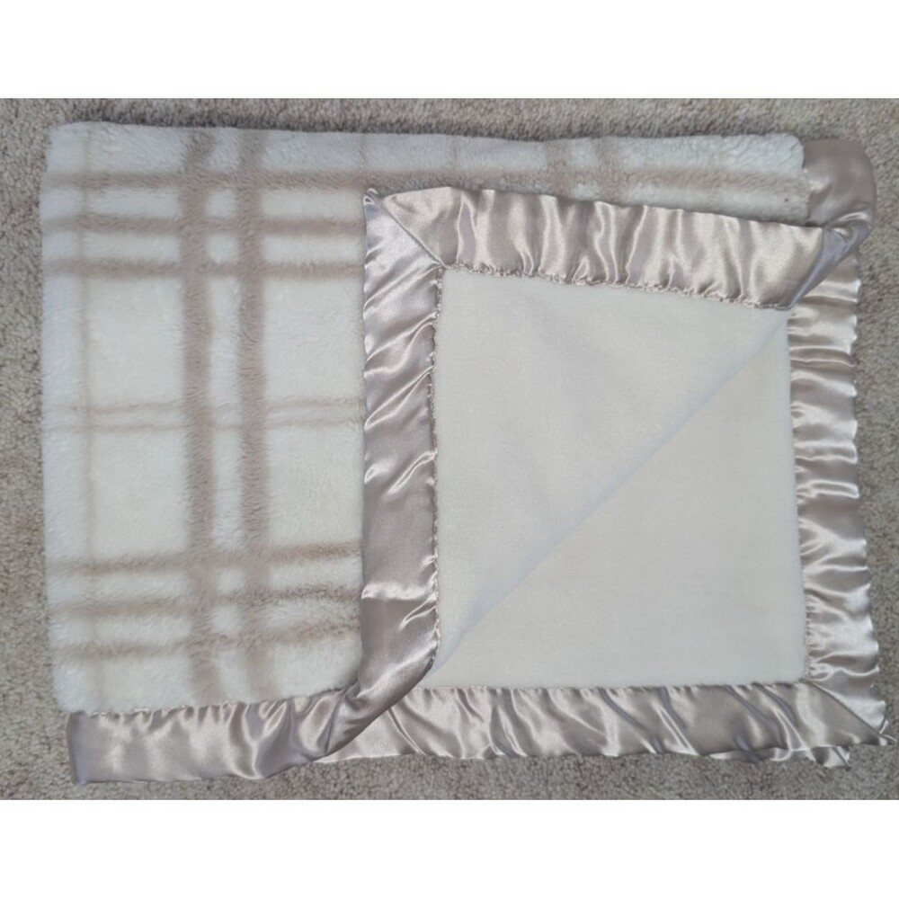 Just Born Tan Beige White Plaid Satin Trim Security Baby Blanket 30X38